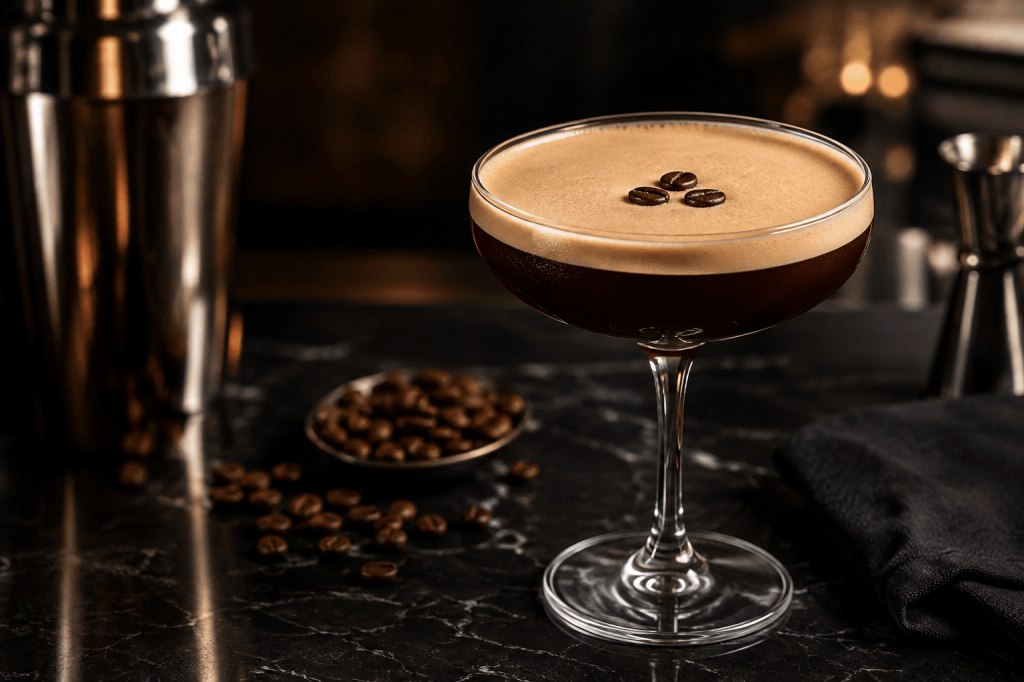 Espresso Martini cocktail with coffee beans in a dark bar setting