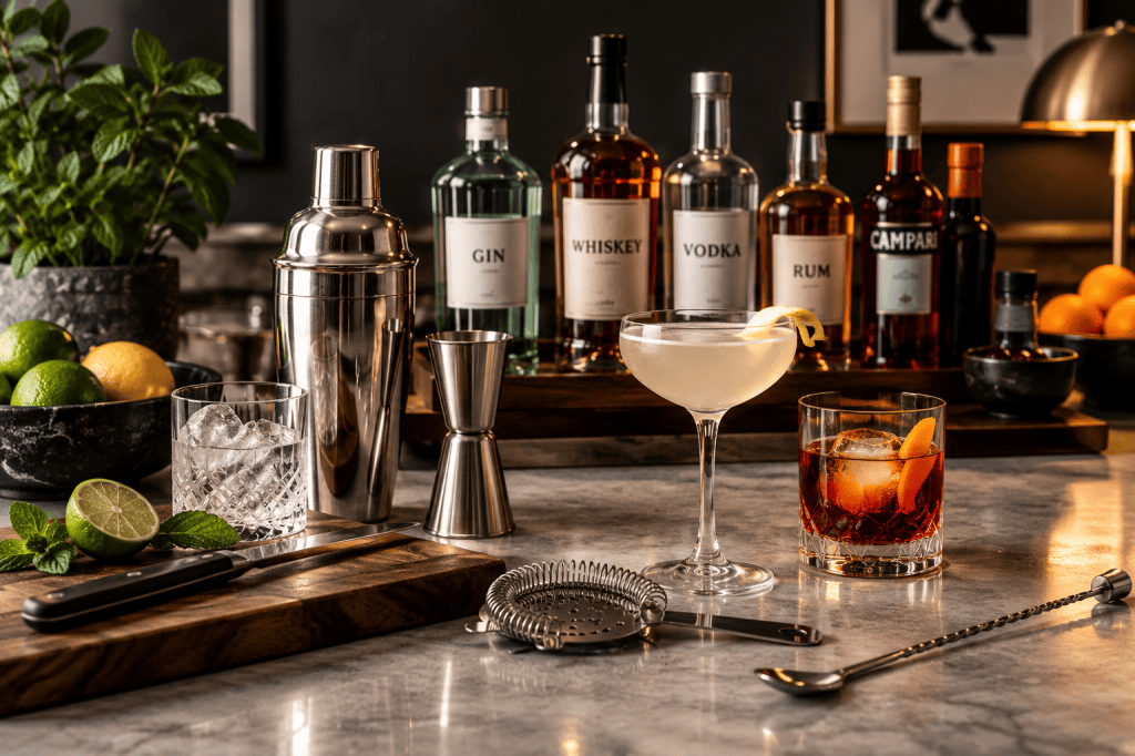 Stylish home bar setup with essential spirits, cocktail shaker, jigger, strainer, citrus, glassware, and classic cocktails.