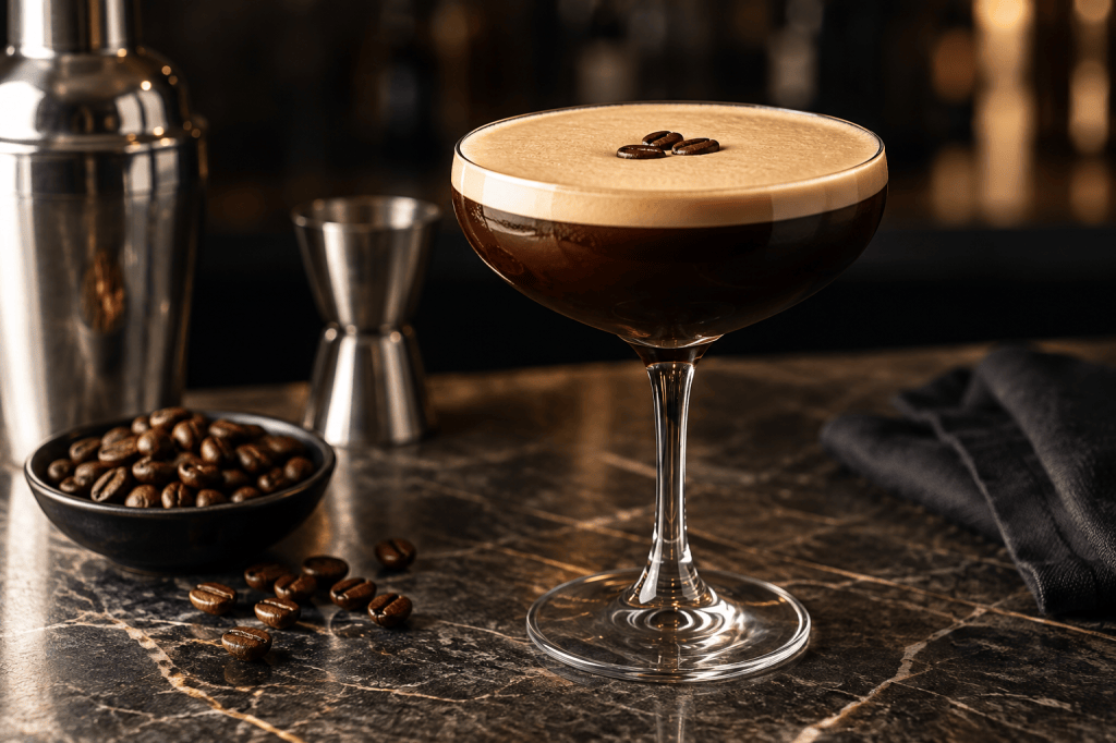 Espresso Martini cocktail with creamy foam and coffee beans on a dark marble bar, representing coffee and cocktail culture.