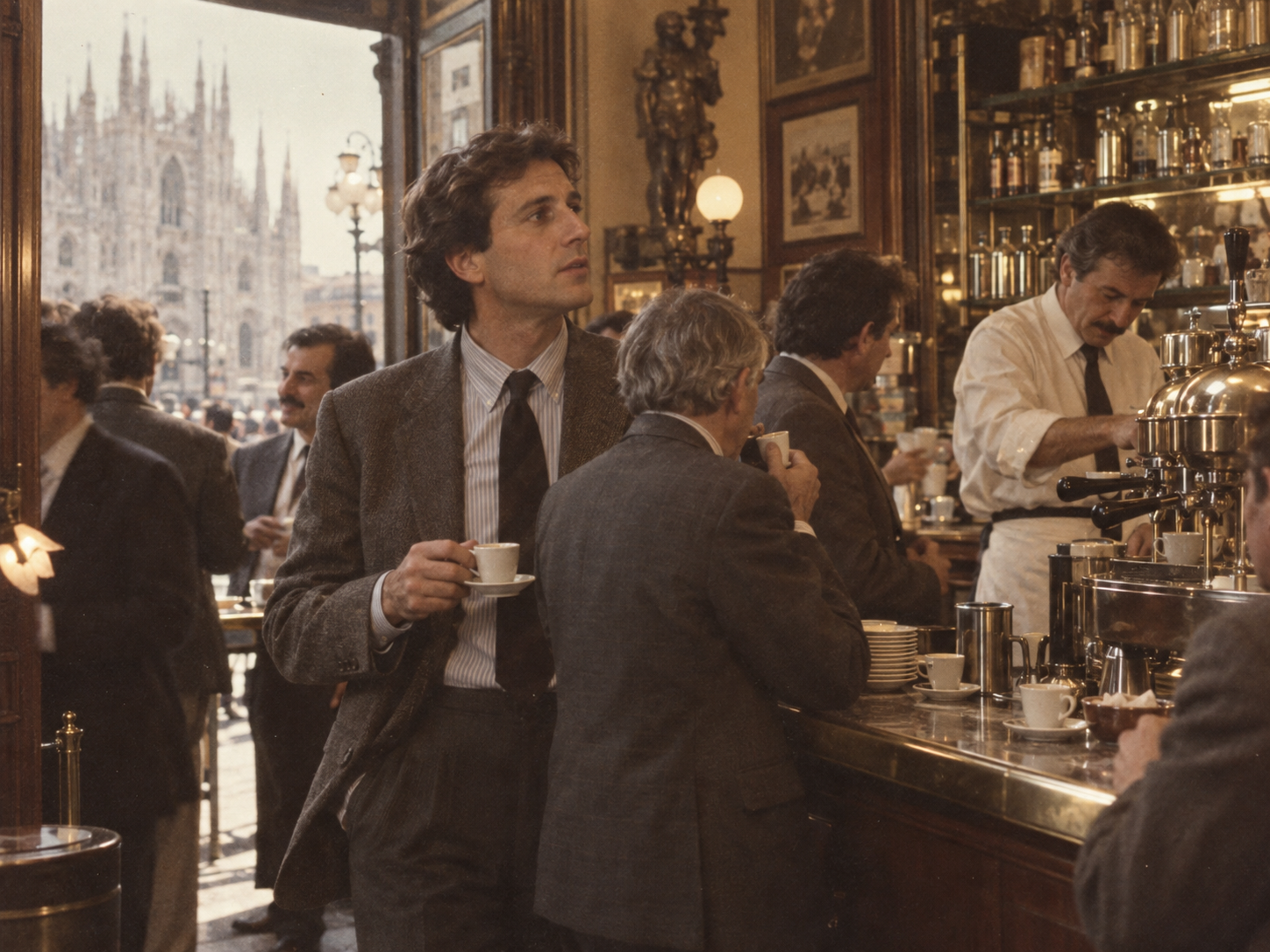 Vintage-style Milan coffee bar scene inspired by Howard Schultz’s 1983 Italy trip.