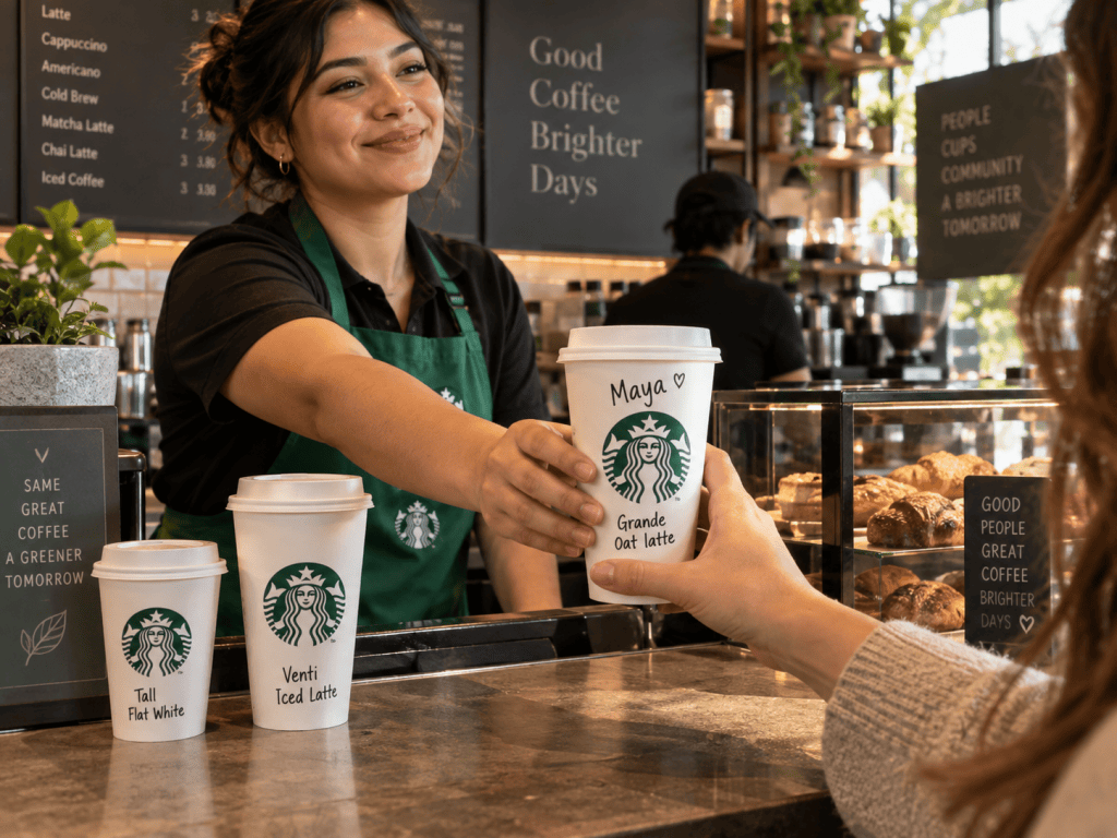 Barista handing a takeaway latte to a customer in a cozy coffee shop, representing Starbucks coffee ritual and personalized drink culture.