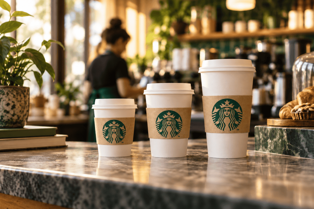 Three Starbucks coffee cups in different sizes representing Tall, Grande and Venti.